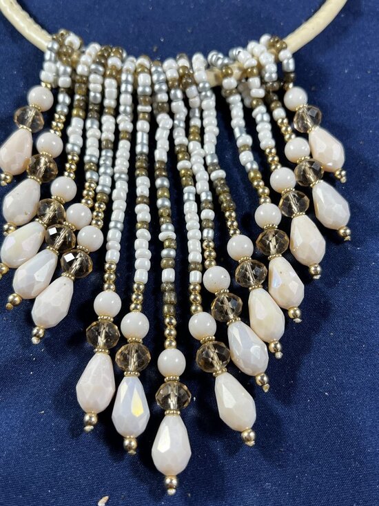 Beaded Fringe Statement Necklace With Pearly White & Champagne Gold Accents On A - Picture 2 of 3